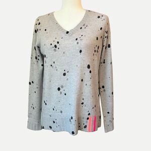 Lisa Todd 100% Cashmere Splatter Print Sweater‎ Gray Black Paint Dot V-Neck